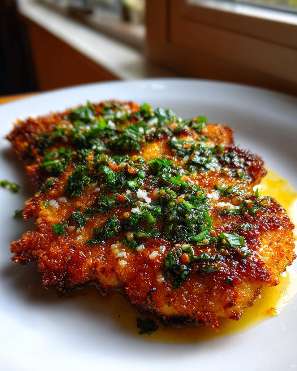 Close-up of crispy steakhouse parmesan chicken, golden brown and topped with fresh parsley and garlic.