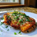 A perfectly golden and crispy steakhouse parmesan chicken fillet topped with grated cheese and fresh parsley.
