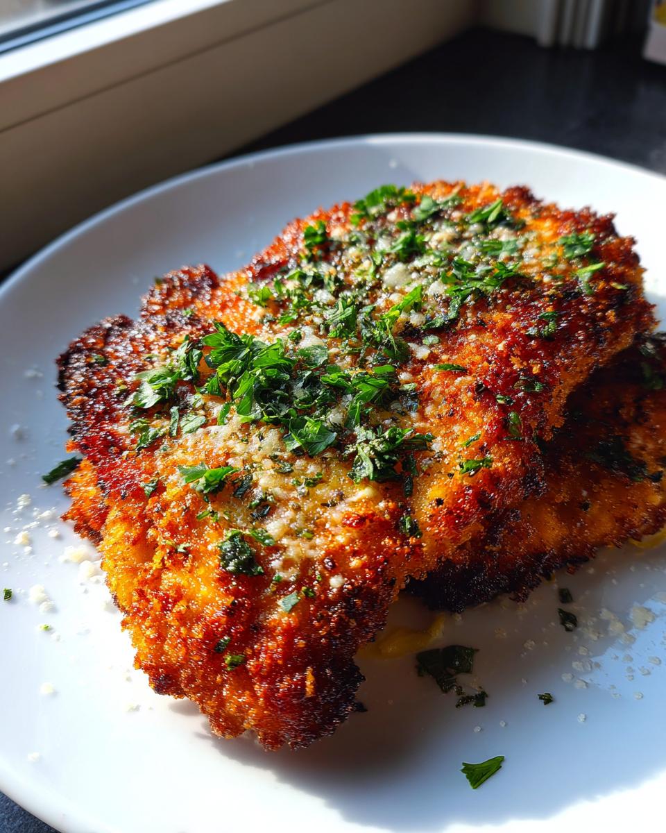 Close-up of crispy steakhouse parmesan chicken, golden brown and topped with grated cheese and fresh parsley.