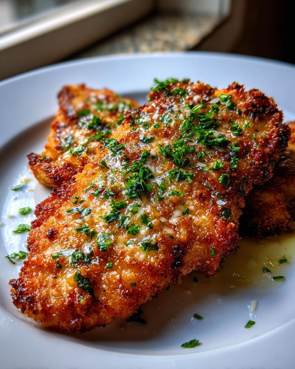 Close-up of golden brown crispy steakhouse parmesan chicken fillets topped with melted butter, grated cheese, and fresh parsley.