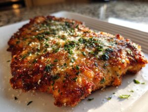 Close-up of a golden brown, crispy steakhouse parmesan chicken cutlet topped with grated cheese and fresh parsley.