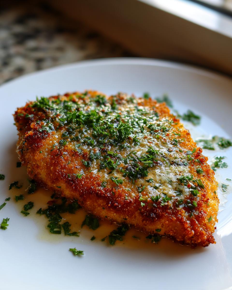 A perfectly cooked piece of crispy steakhouse parmesan chicken, golden brown and topped with melted cheese and fresh parsley.