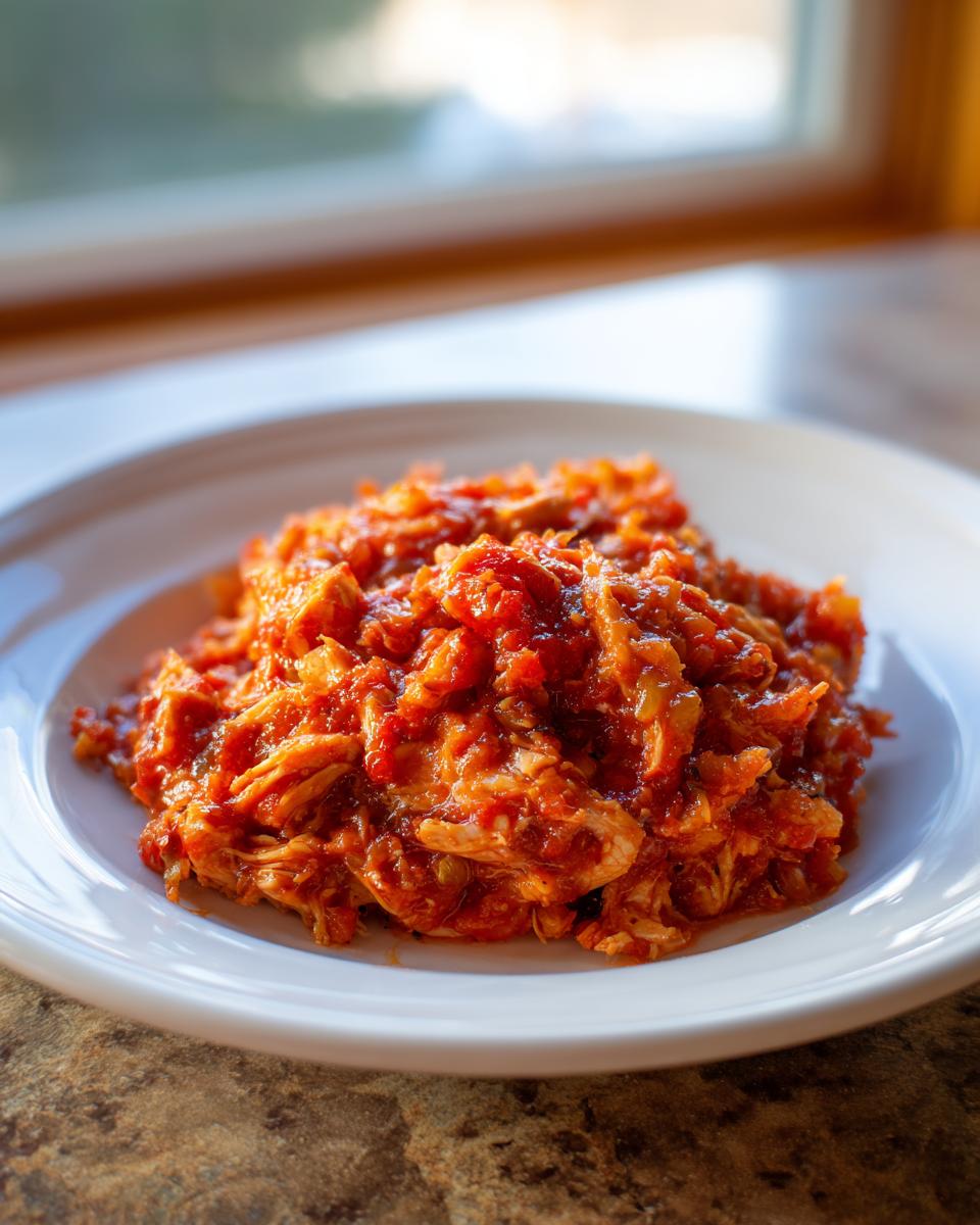 A close-up of shredded Crockpot Italian Chicken coated in rich tomato sauce served on a white plate.