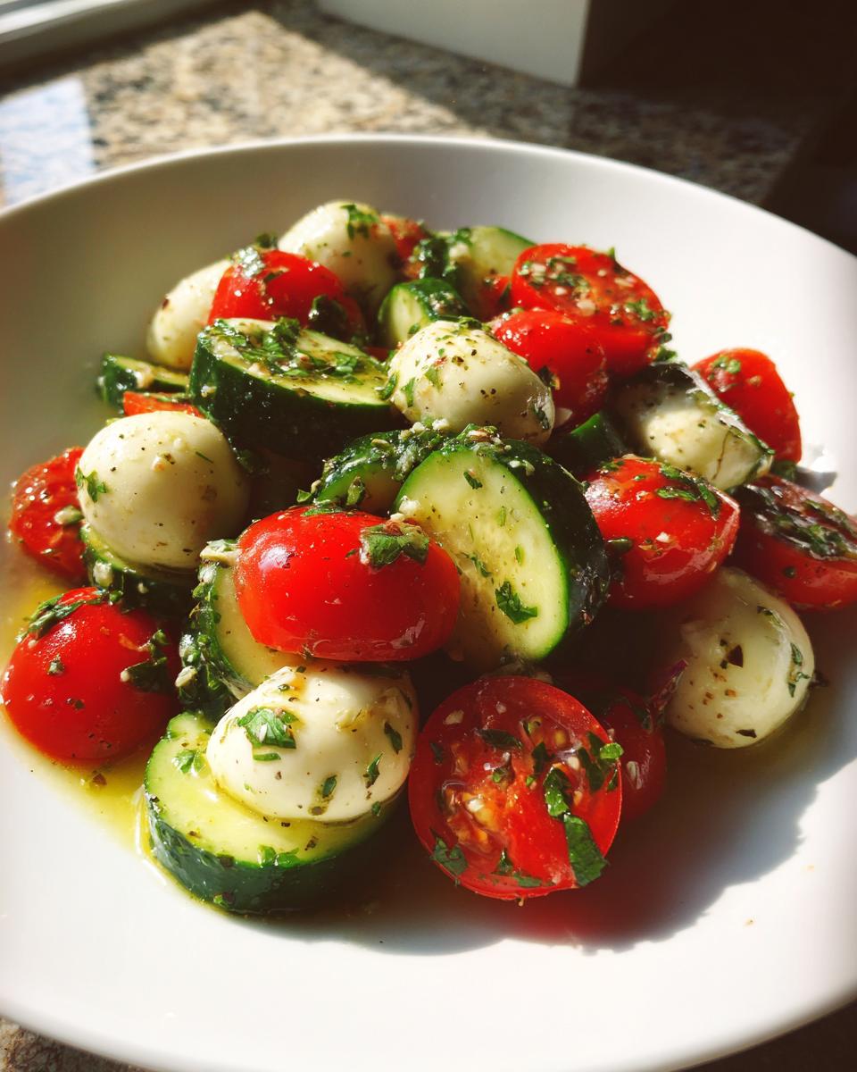 Close-up of a fresh cucumber mozzarella salad featuring cherry tomatoes, mozzarella balls, and herbs in a white bowl.