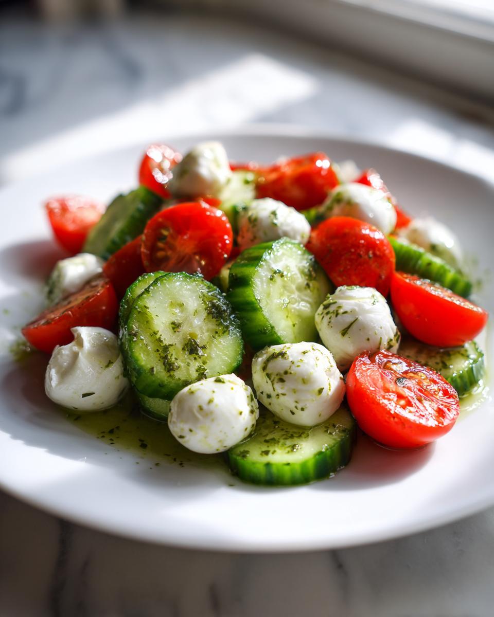 Close-up of a fresh cucumber mozzarella salad featuring sliced cucumbers, halved cherry tomatoes, and small mozzarella balls tossed in a green herb dressing.