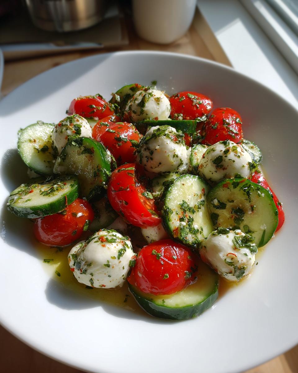 Close-up of a fresh cucumber mozzarella salad with cherry tomatoes and herbs in olive oil dressing.