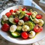 Close-up of a fresh cucumber mozzarella salad featuring sliced cucumbers, cherry tomatoes, and small mozzarella balls coated in a green herb dressing.