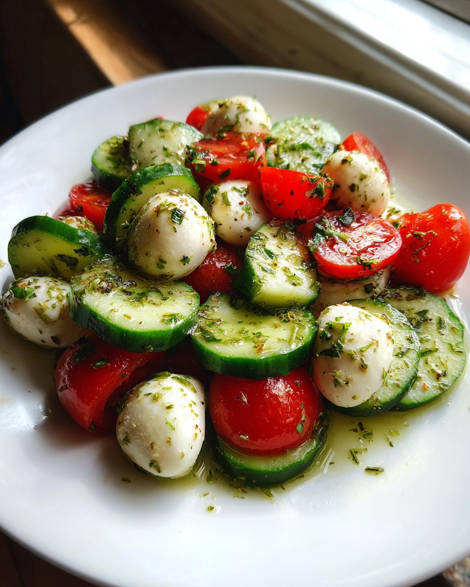 Close-up of a refreshing cucumber mozzarella salad featuring sliced cucumbers, cherry tomatoes, and small mozzarella balls drizzled with herbs and oil.