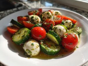 Close-up of a fresh cucumber mozzarella salad featuring cherry tomatoes, small mozzarella balls, and a herb vinaigrette.