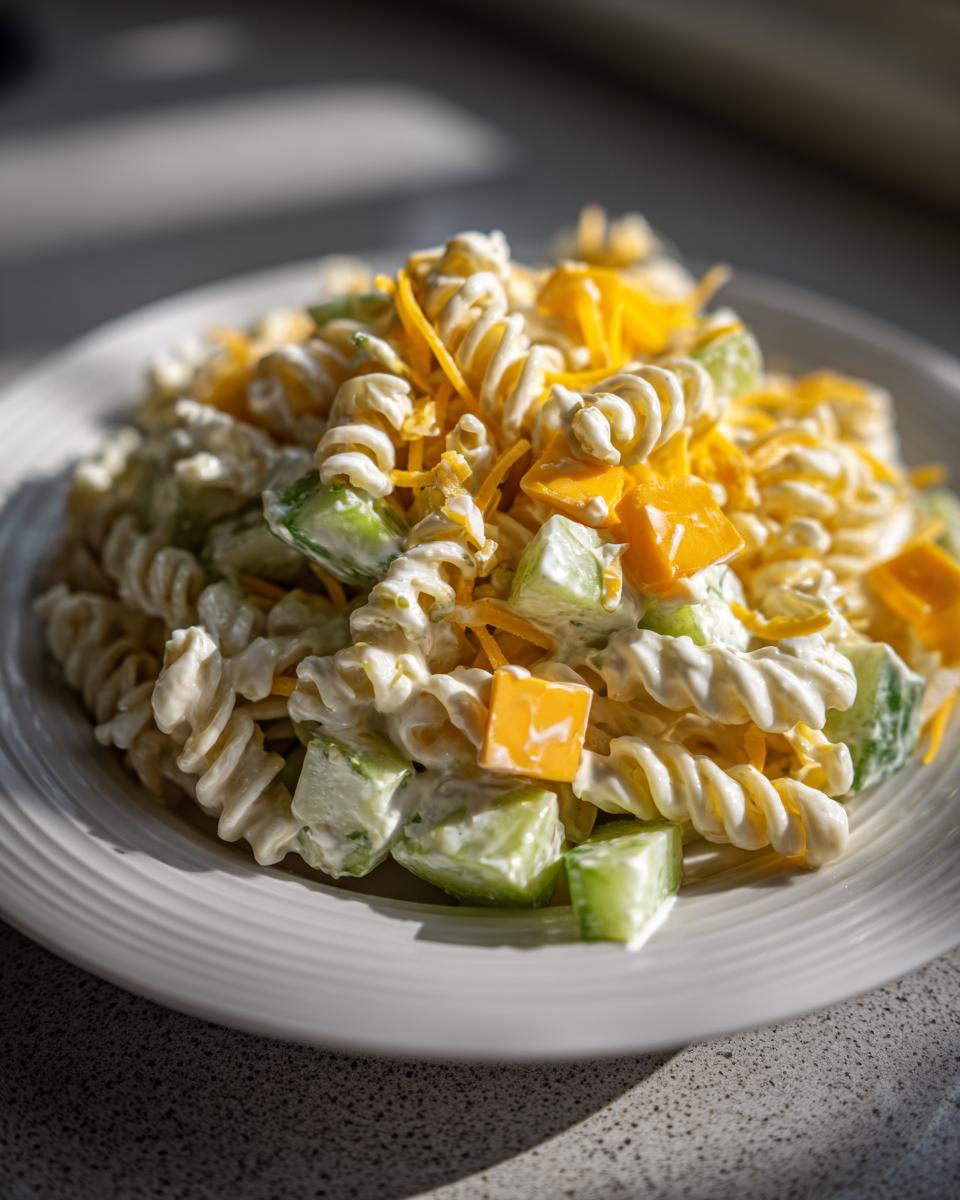 A close-up of creamy dill pickle pasta salad featuring rotini pasta, chunks of cucumber, cheddar cheese cubes, and shredded cheese topping.