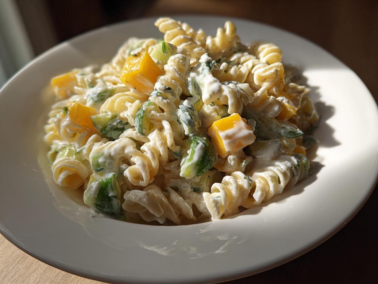Close-up of creamy dill pickle pasta salad featuring fusilli pasta, green cucumber pieces, and yellow bell pepper chunks.