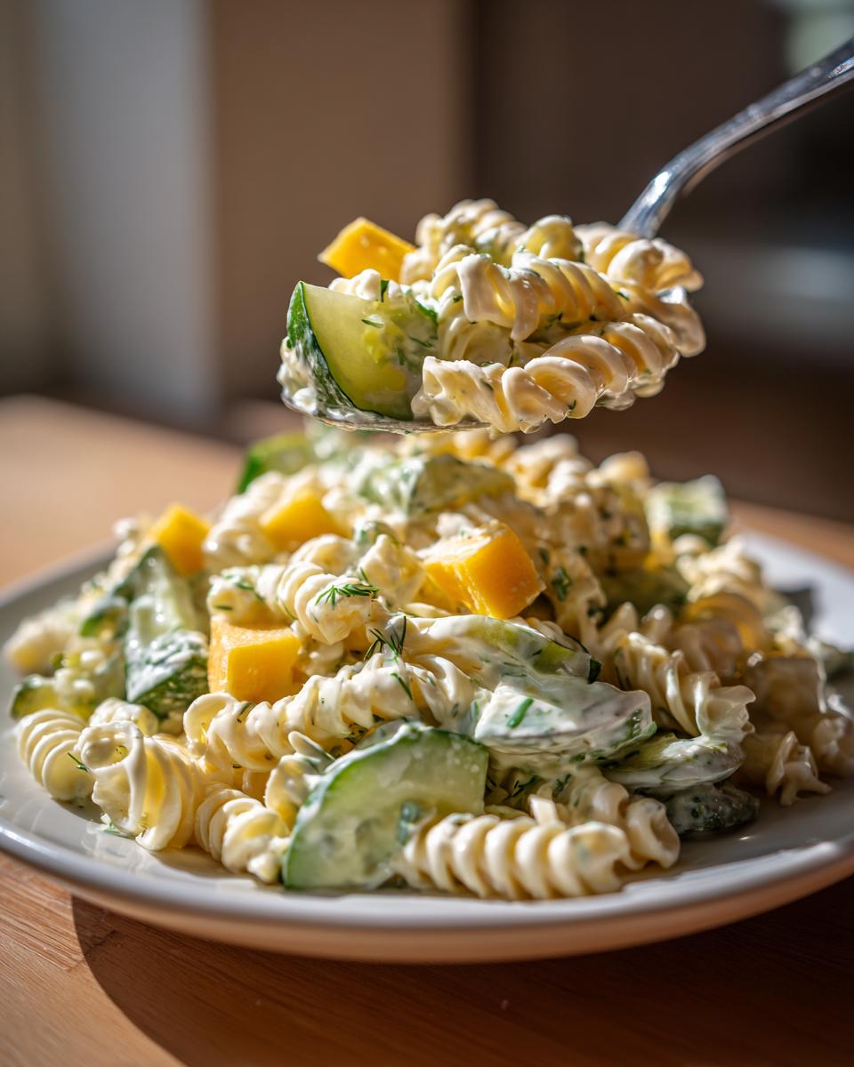 A spoonful of creamy dill pickle pasta salad, featuring rotini pasta, cucumber slices, and yellow cheese cubes, being lifted from a plate.