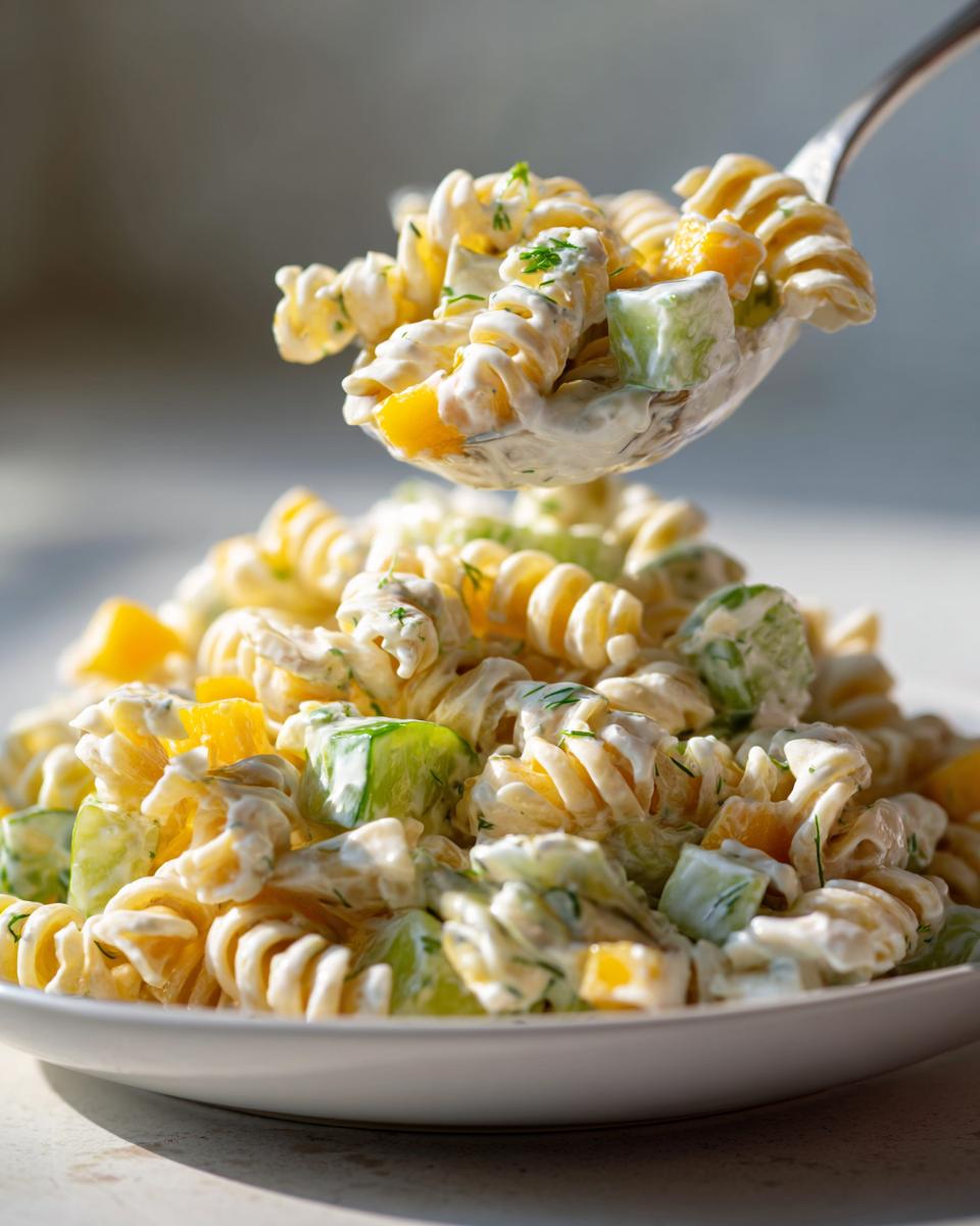 A spoonful of creamy dill pickle pasta salad being lifted from a white bowl, showing rotini pasta, cucumbers, and yellow pepper.