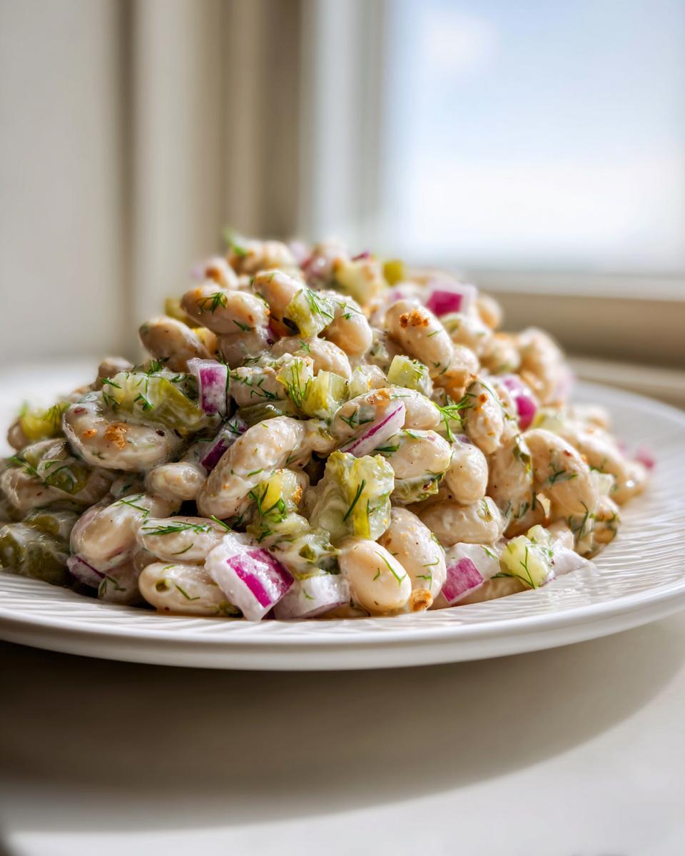 A mound of creamy dill pickle white bean salad featuring white beans, red onion, and fresh dill, served on a white plate.