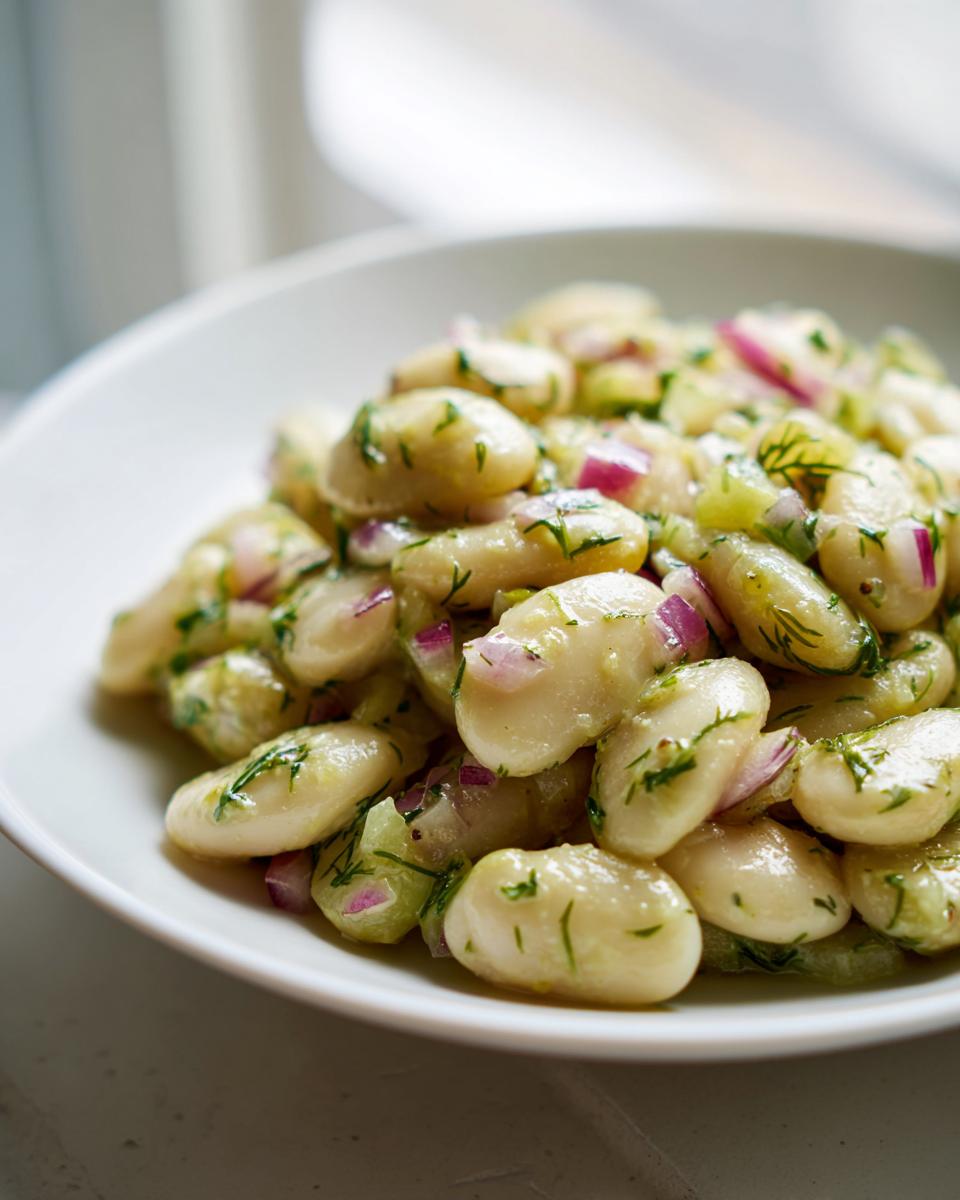 Close-up of a white bowl filled with dill pickle white bean salad featuring large white beans, red onion, and fresh dill.