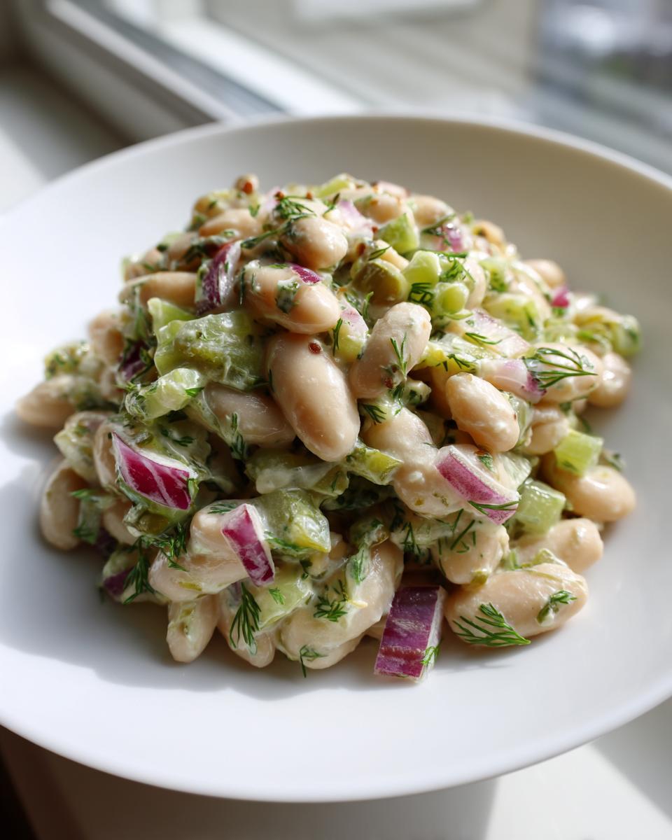 Close-up of a creamy dill pickle white bean salad featuring white beans, red onion, celery, and fresh dill.