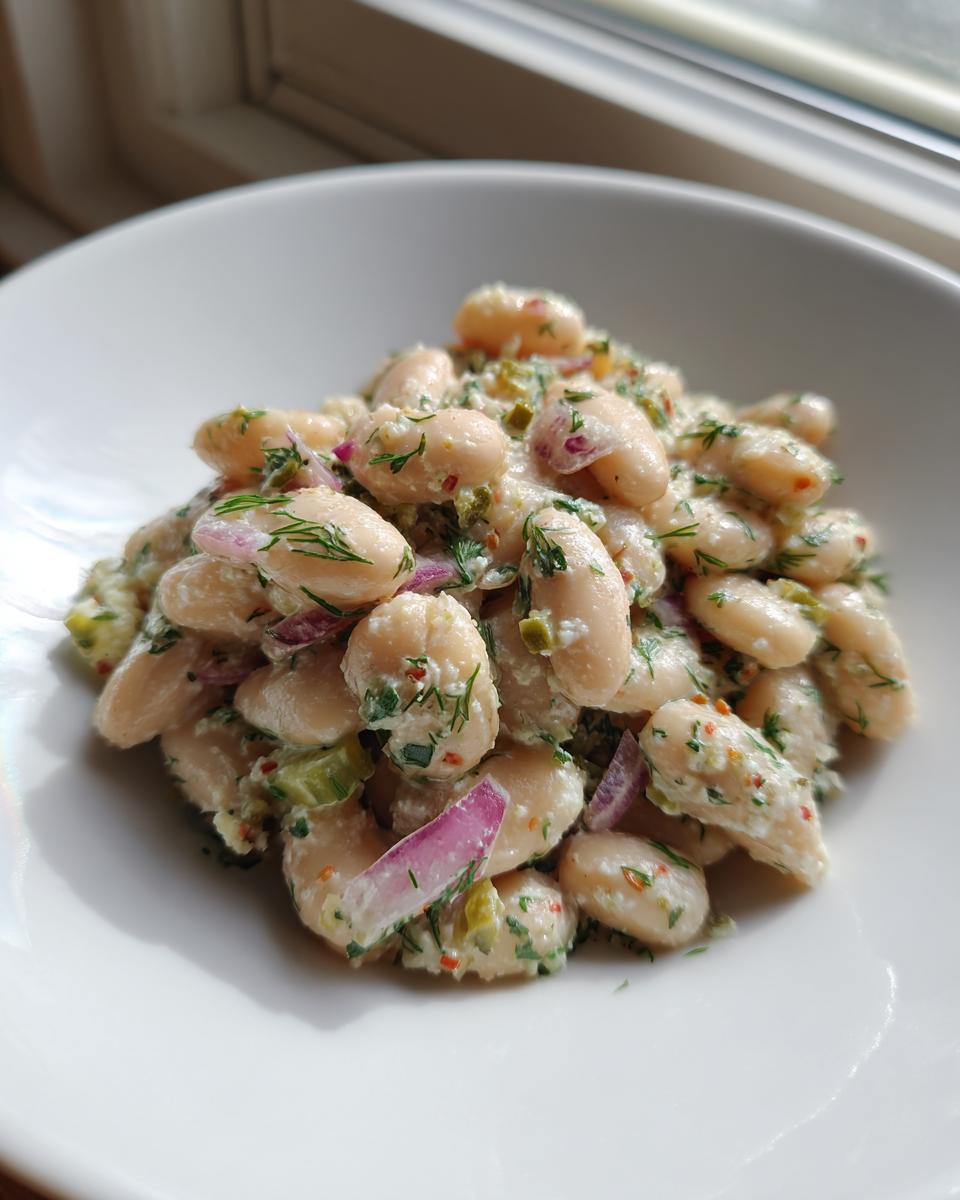 Close-up of a creamy dill pickle white bean salad featuring white beans, red onion, and fresh dill, served in a white bowl.