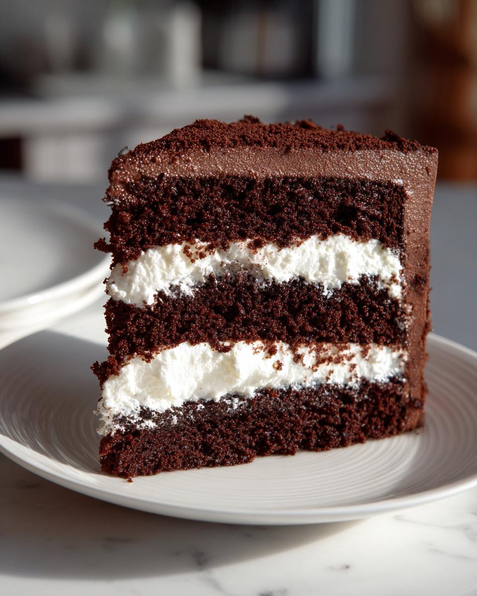 A tall slice of dark chocolate ding dong cake featuring three layers of cake separated by two thick layers of white cream filling.