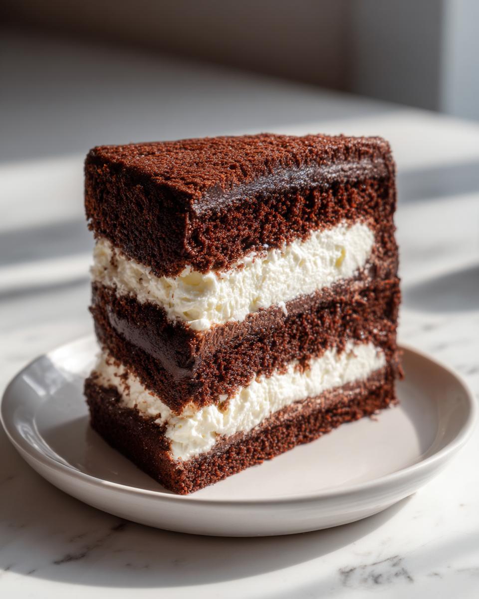 A thick slice of rich chocolate ding dong cake layered with white cream filling, sitting on a white plate.