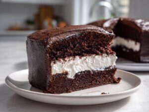 Close-up of a slice of rich chocolate Ding Dong Cake featuring a thick layer of white cream filling.