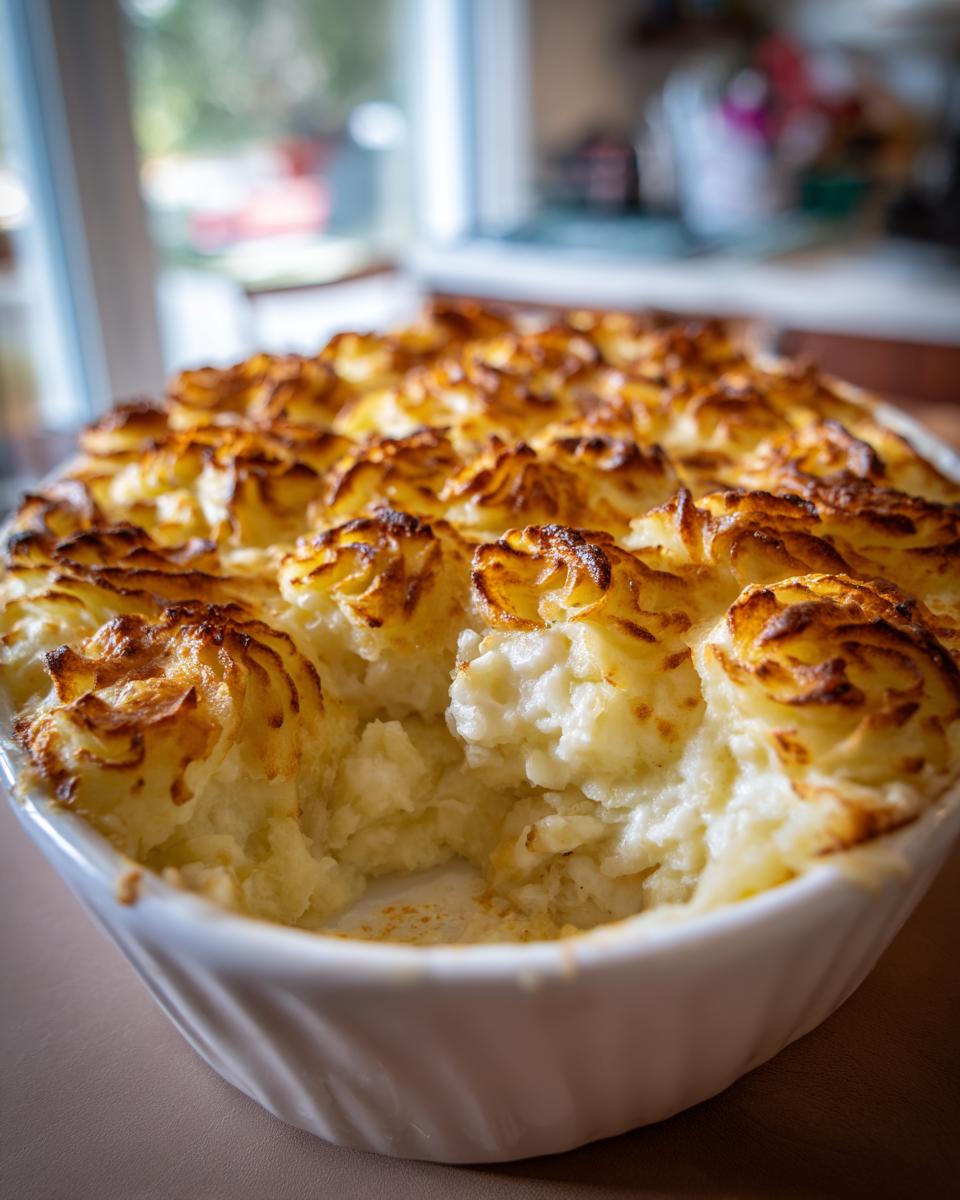 Close-up of a baked duchess potato casserole with piped, browned peaks and a serving scooped out.