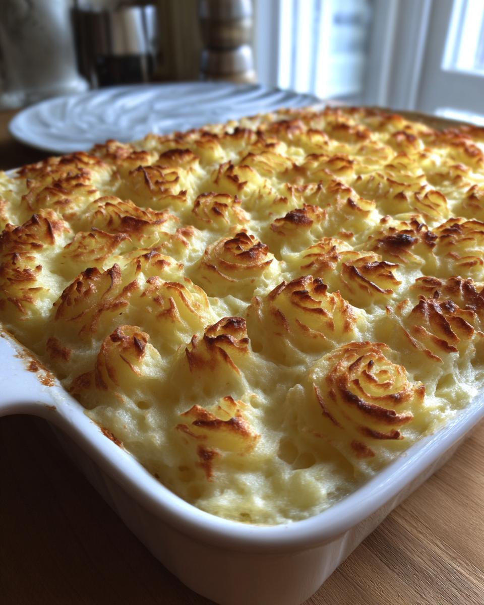Close-up of a baked duchess potato casserole with piped, browned peaks in a white rectangular dish.
