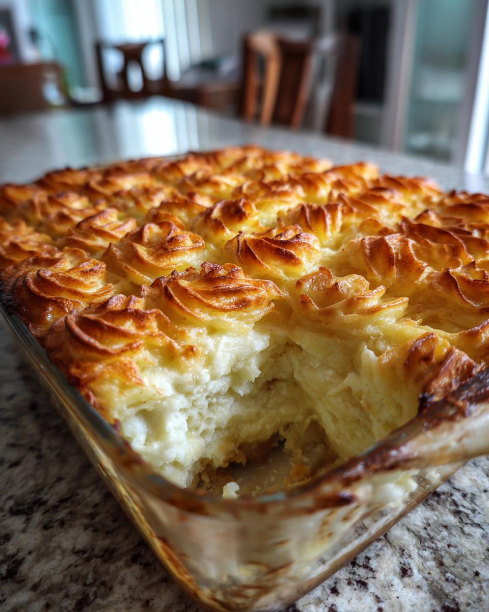 A close-up of a baked duchess potato casserole in a glass dish with a scooped-out portion showing the creamy interior.