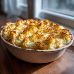 Close-up of a baked duchess potato casserole with perfectly piped, golden-brown peaks of mashed potato topping.