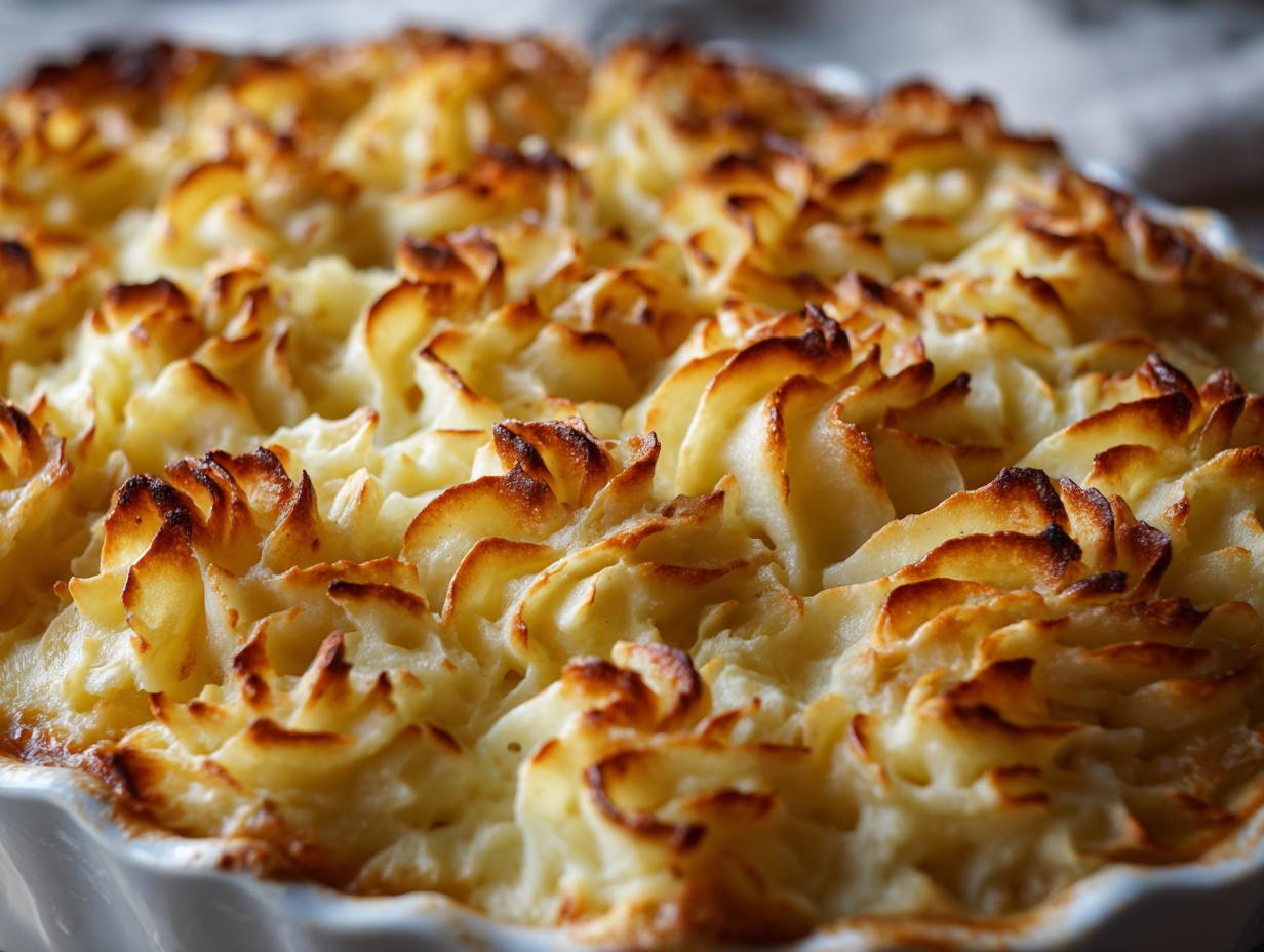 Close-up of the piped and perfectly browned topping of a rich duchess potato casserole.
