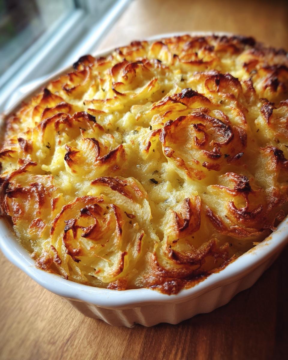 Close-up of a baked duchess potato casserole topped with piped potato rosettes, beautifully browned.