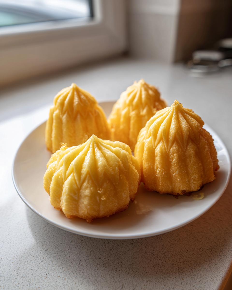 Four perfectly piped duchess potatoes with ridged tops arranged on a small white plate.