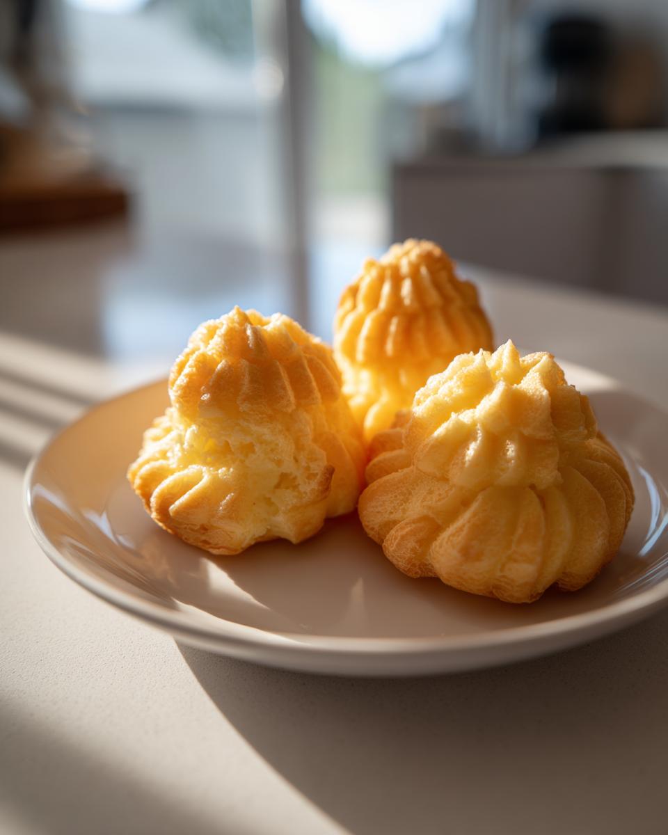 Three perfectly piped mounds of golden Duchess potatoes plating on a white dish.