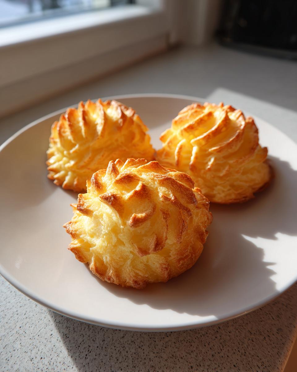 Three perfectly piped and baked duchess potatoes plating examples, golden brown and textured, sitting on a light plate.