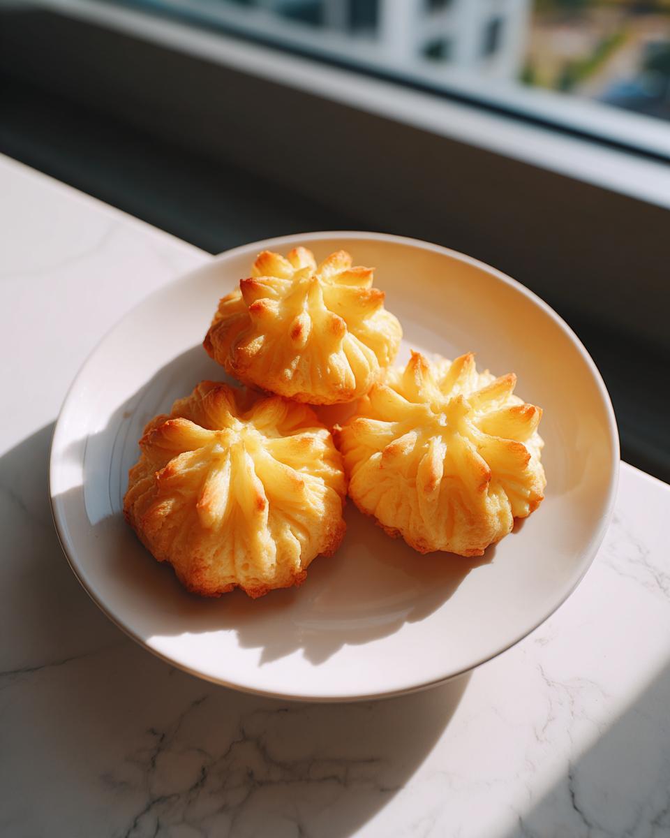 Three perfectly piped and baked duchess potatoes plating examples on a white dish.
