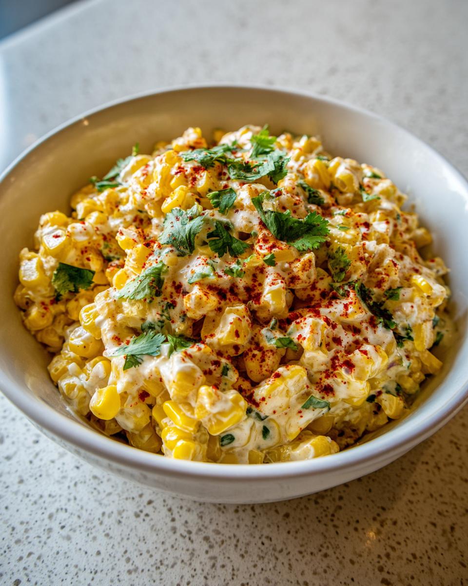 Close-up of a white bowl filled with creamy, yellow kernels for easy mexican street corn salad, topped with cilantro and chili powder.