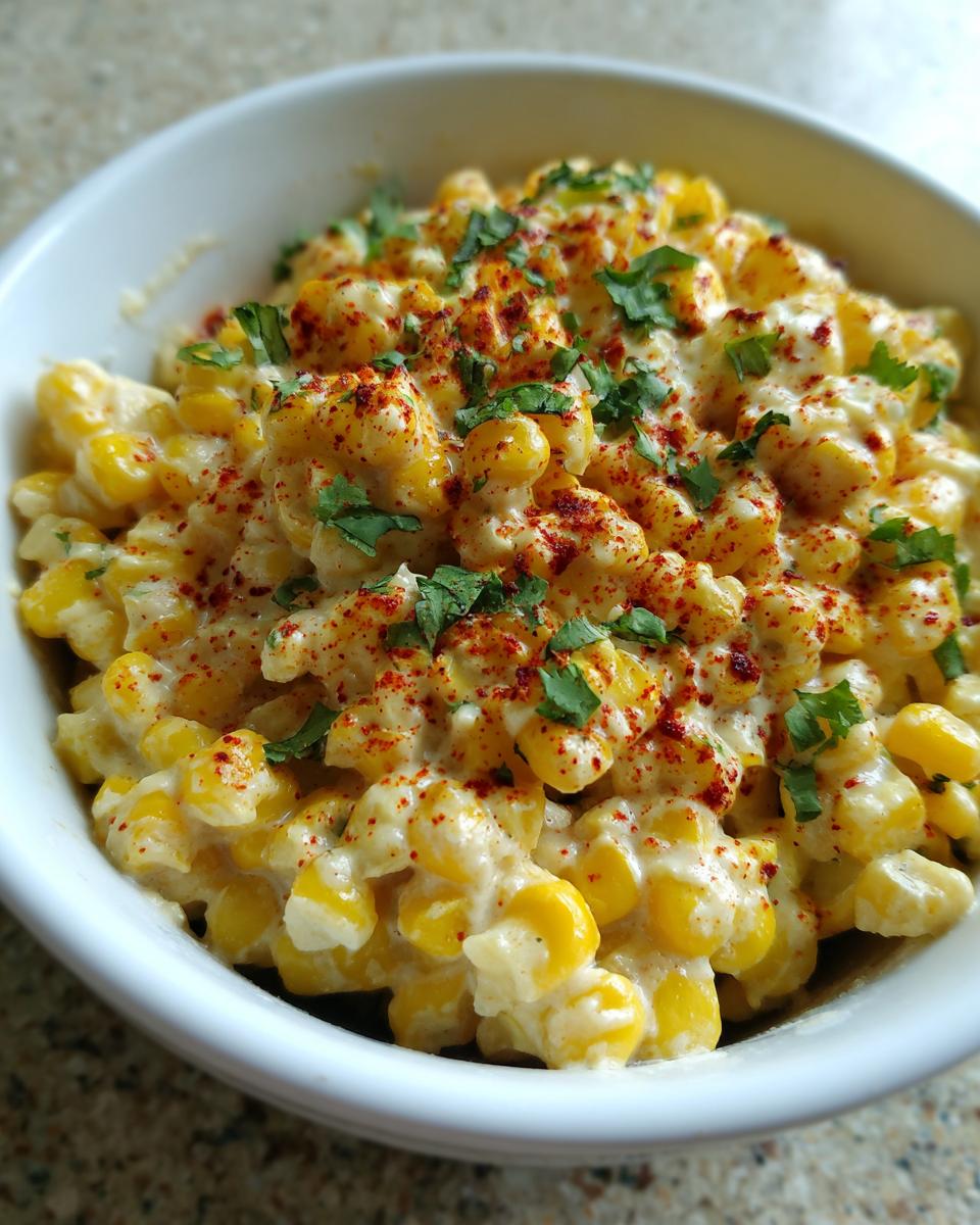 Close-up of a white bowl filled with creamy, cheesy easy mexican street corn salad, topped with chili powder and cilantro.