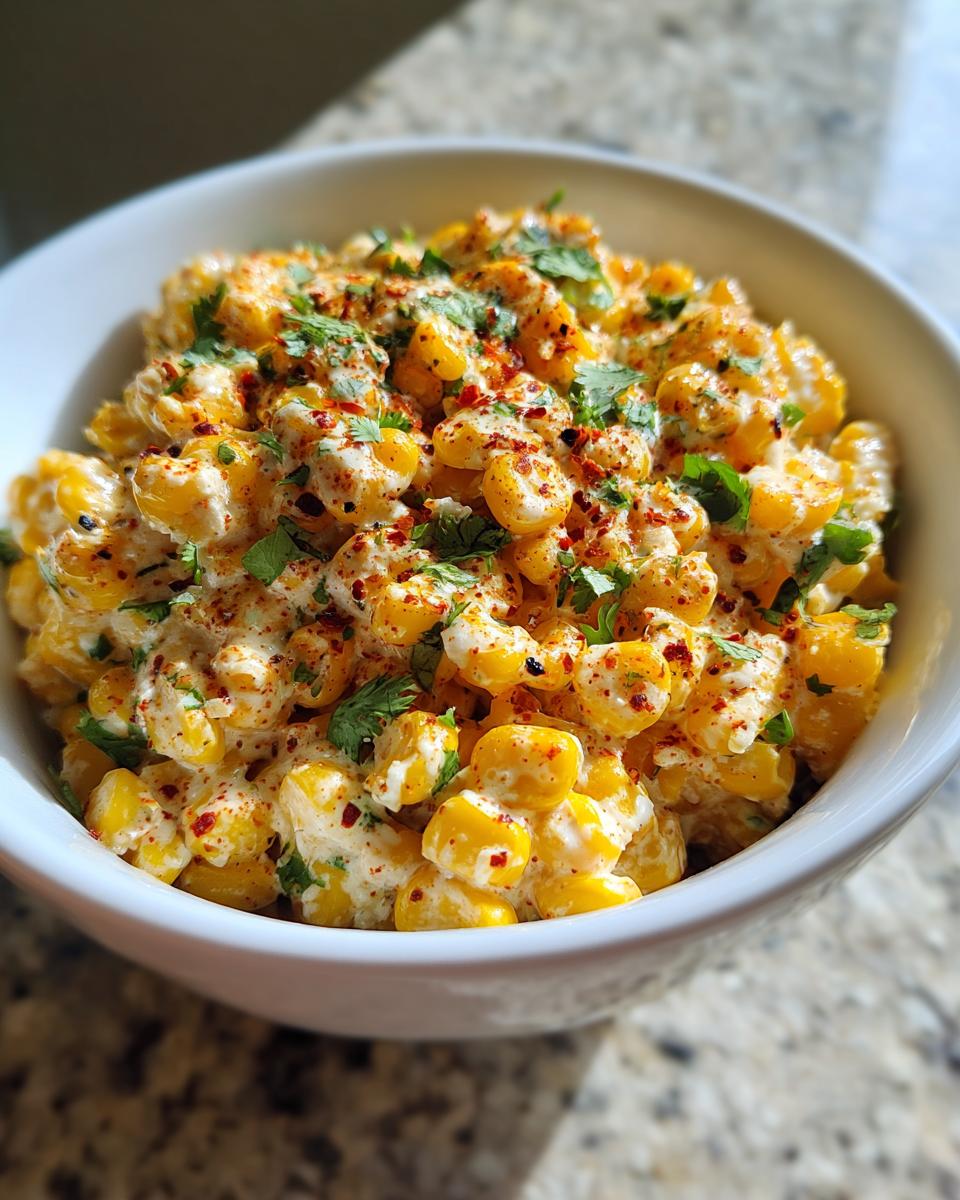 Close-up of a white bowl filled with creamy, bright yellow easy mexican street corn salad, topped with cilantro and red chili flakes.