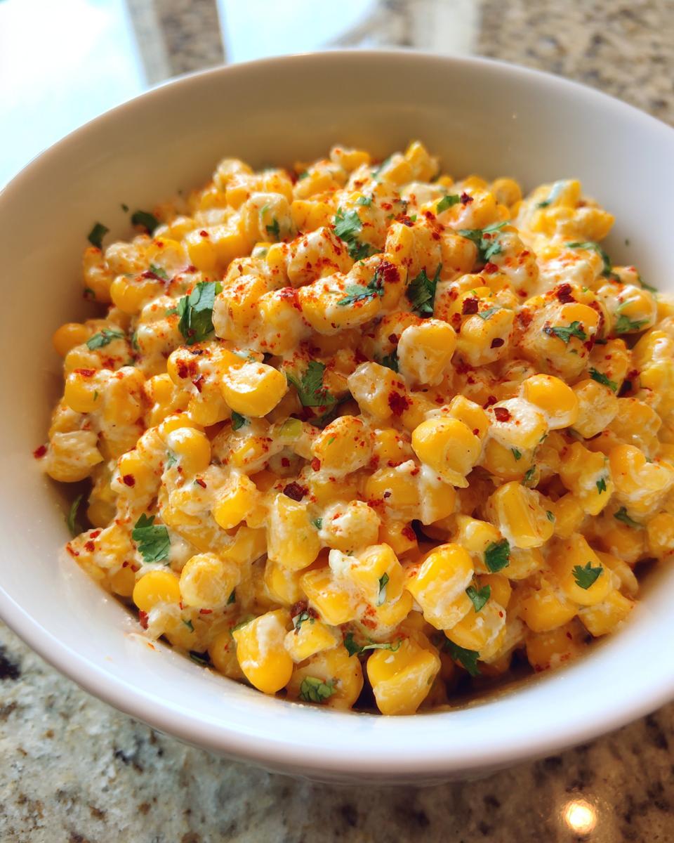 Close-up of a white bowl filled with creamy, bright yellow easy mexican street corn salad, topped with cilantro and chili powder.
