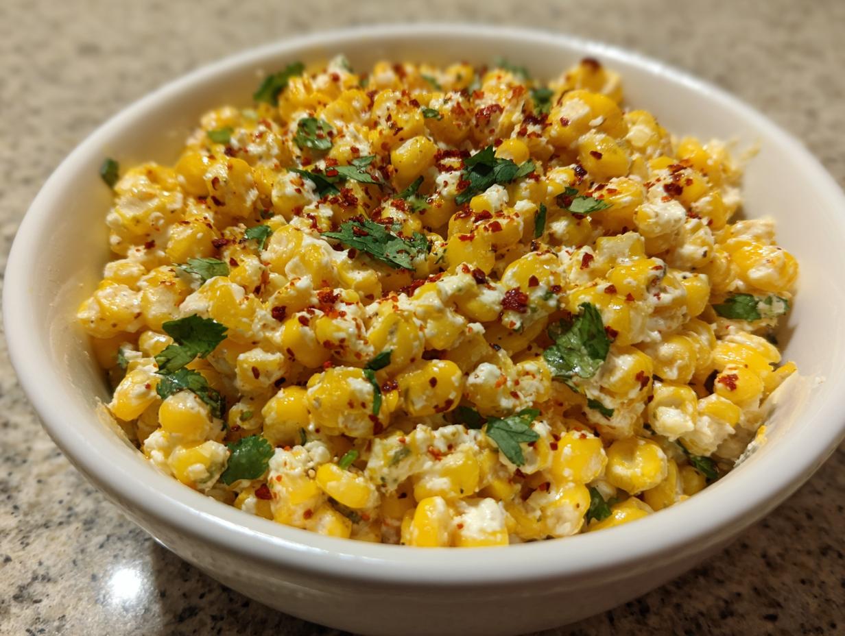 A close-up of a white bowl filled with creamy, bright yellow easy mexican street corn salad, topped with cilantro and chili flakes.