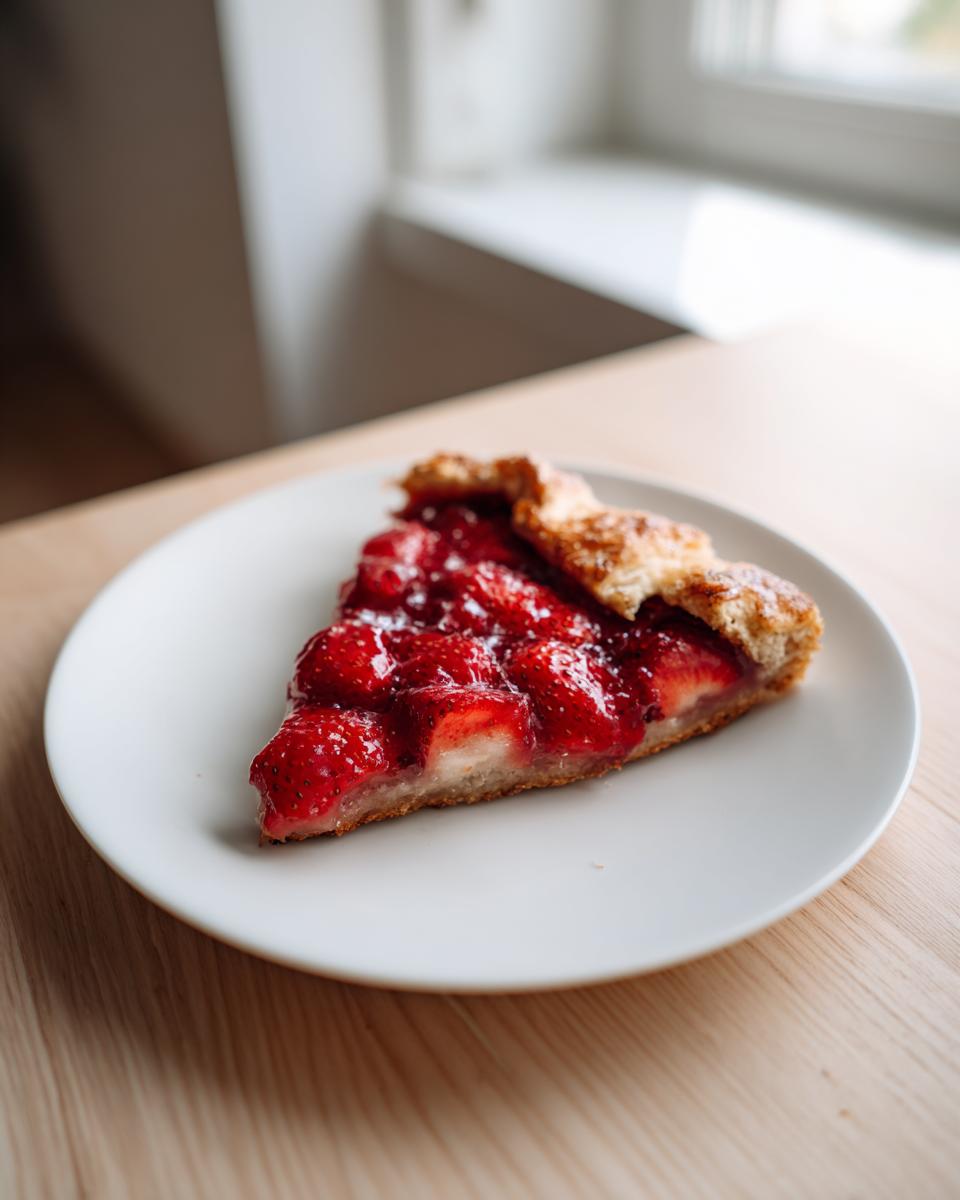 A single slice of easy strawberry galette with glistening red filling served on a simple white plate.