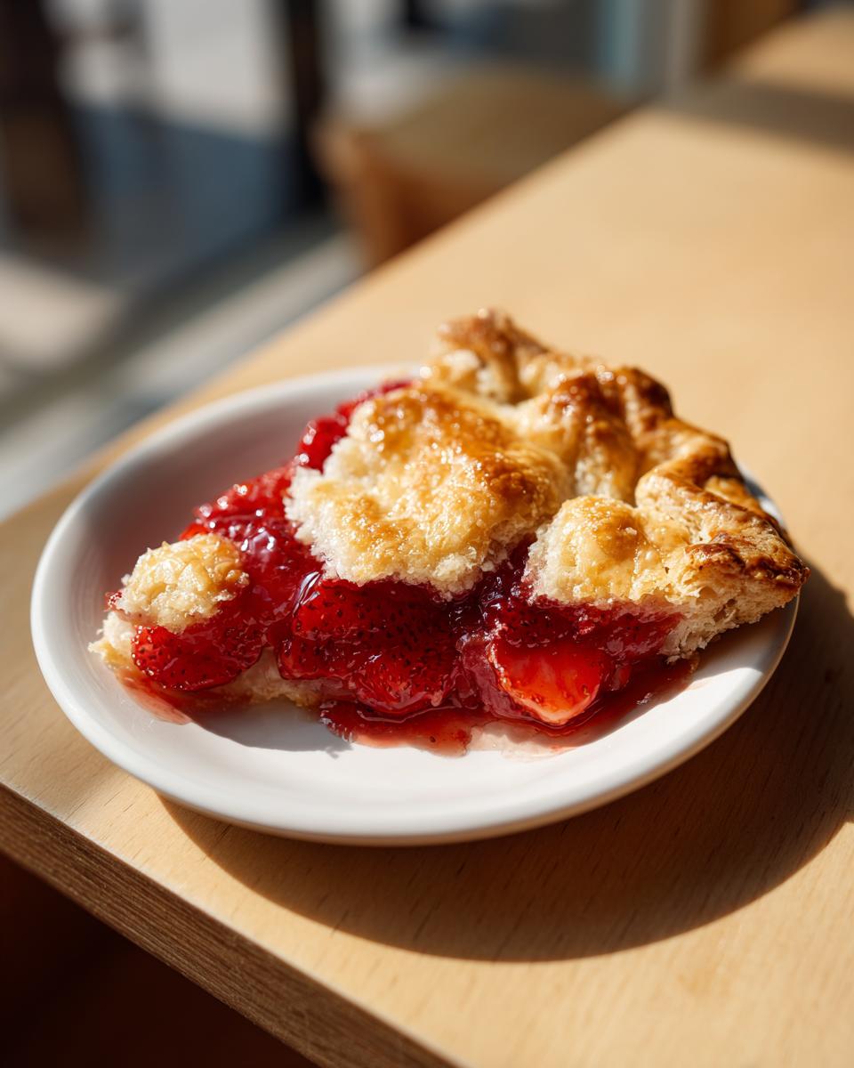 A close-up of a slice of easy strawberry galette with glistening, jammy filling on a white plate.