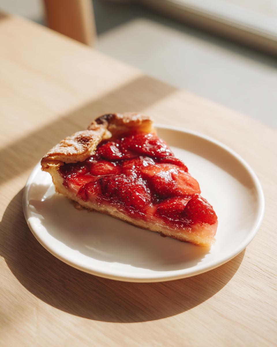 A single slice of juicy, glazed easy strawberry galette dusted with powdered sugar on a white plate.