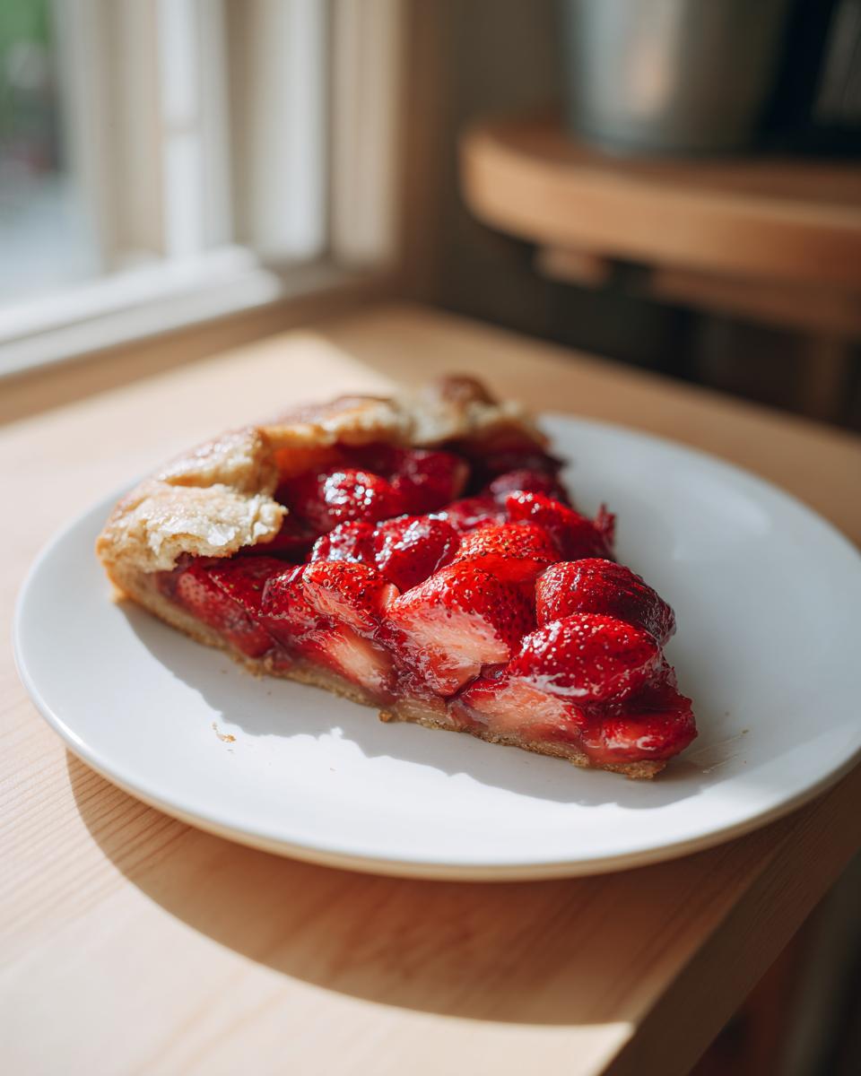 A close-up slice of an easy strawberry galette, featuring glossy, bright red strawberries on a flaky crust, served on a white plate.