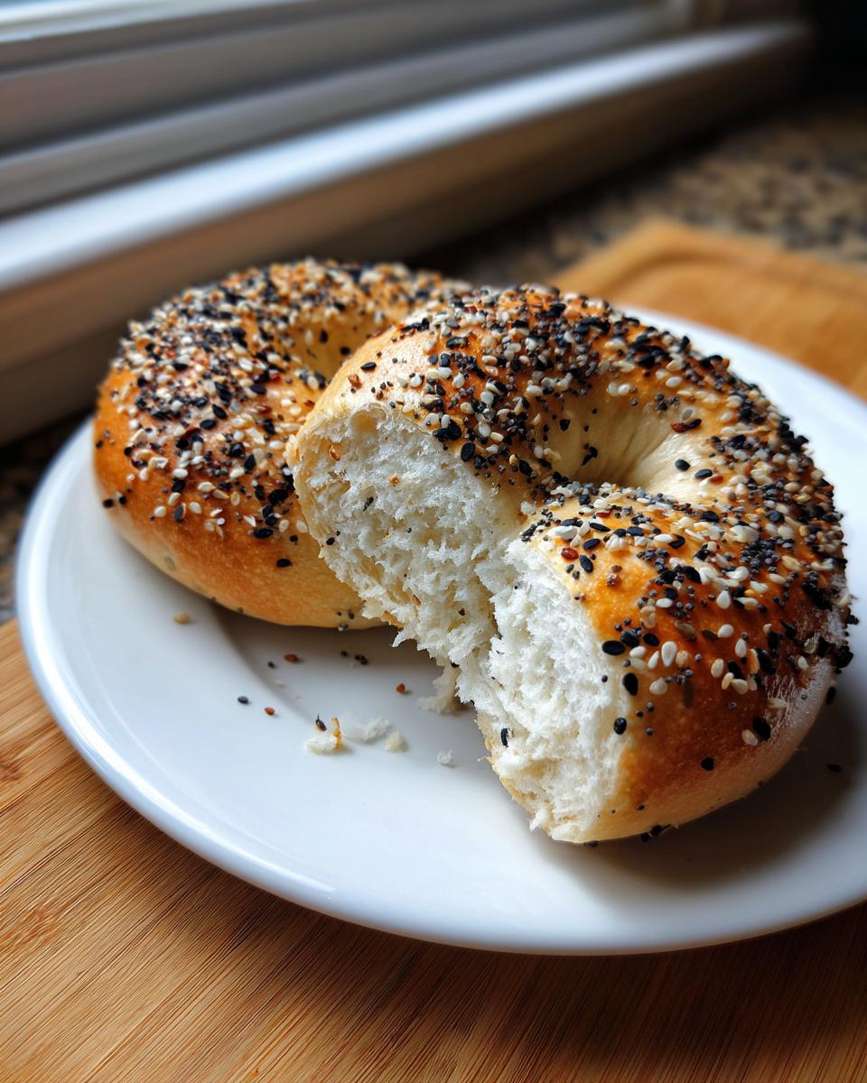 Two everything bagel-topped greek yogurt protein bagels on a white plate, one torn open showing the fluffy white interior.