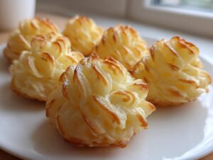 Close-up of golden-brown, piped duchess potatoes arranged on a white plate.