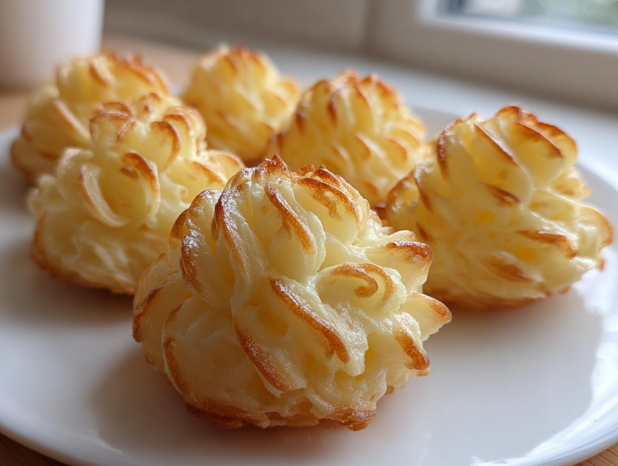 Close-up of golden-brown, piped duchess potatoes arranged on a white plate.
