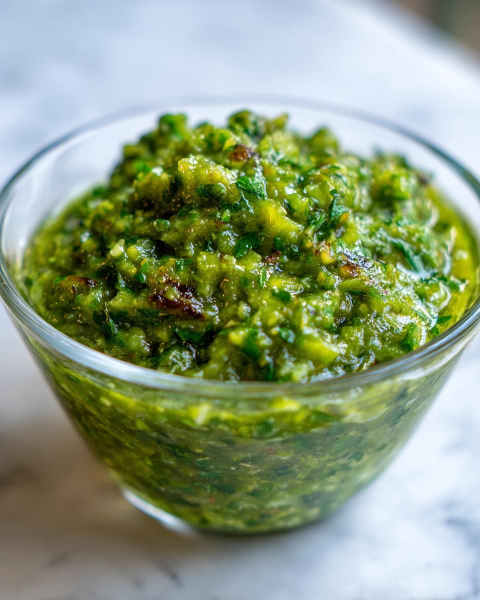 Close-up of a small glass bowl filled with chunky, bright green fermented green salsa.