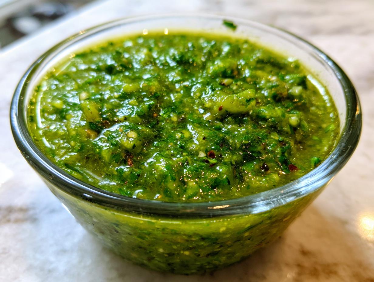 Close-up of a small glass bowl filled with vibrant, chunky fermented green salsa.