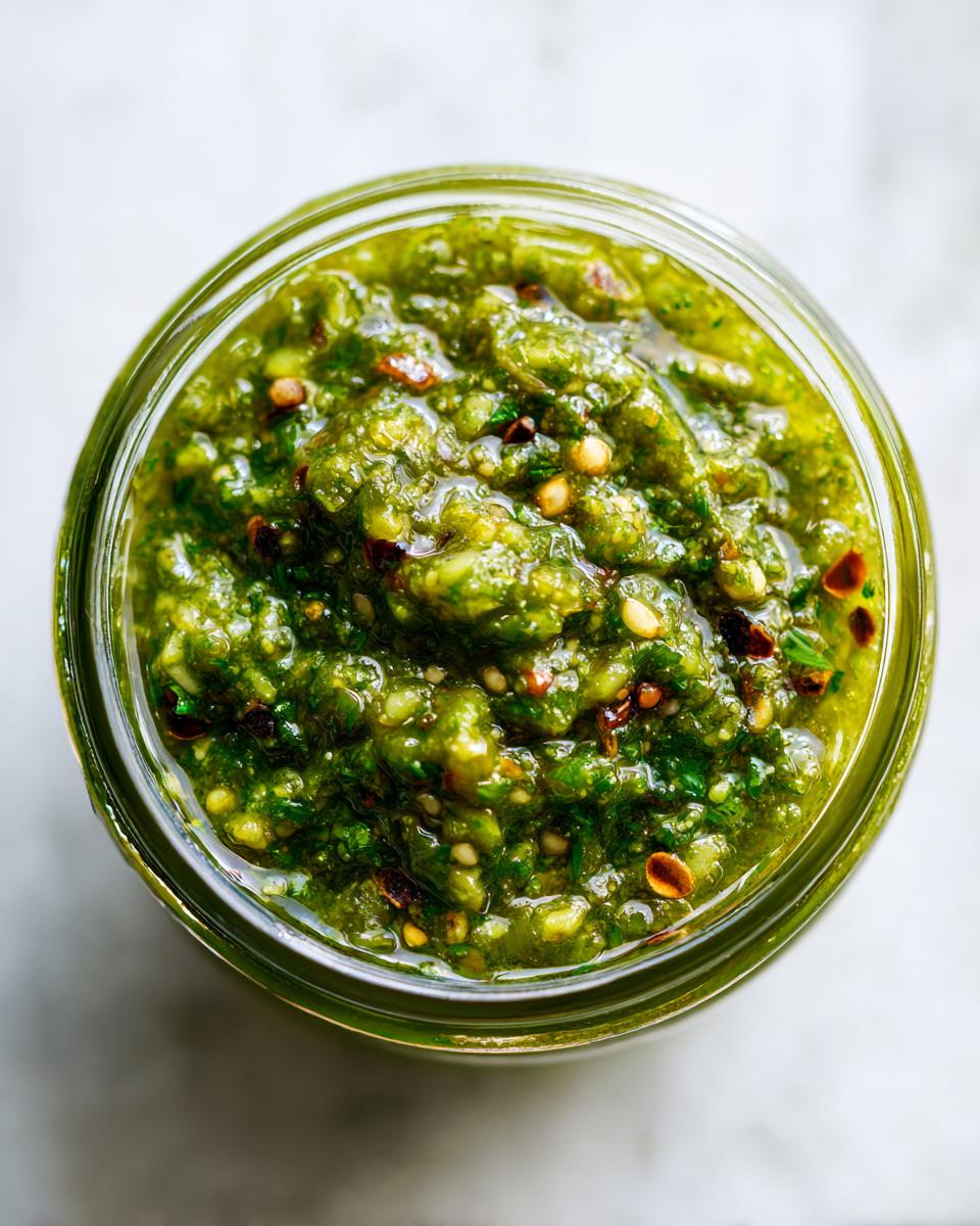 Overhead close-up of vibrant, chunky fermented green salsa inside a clear glass jar.