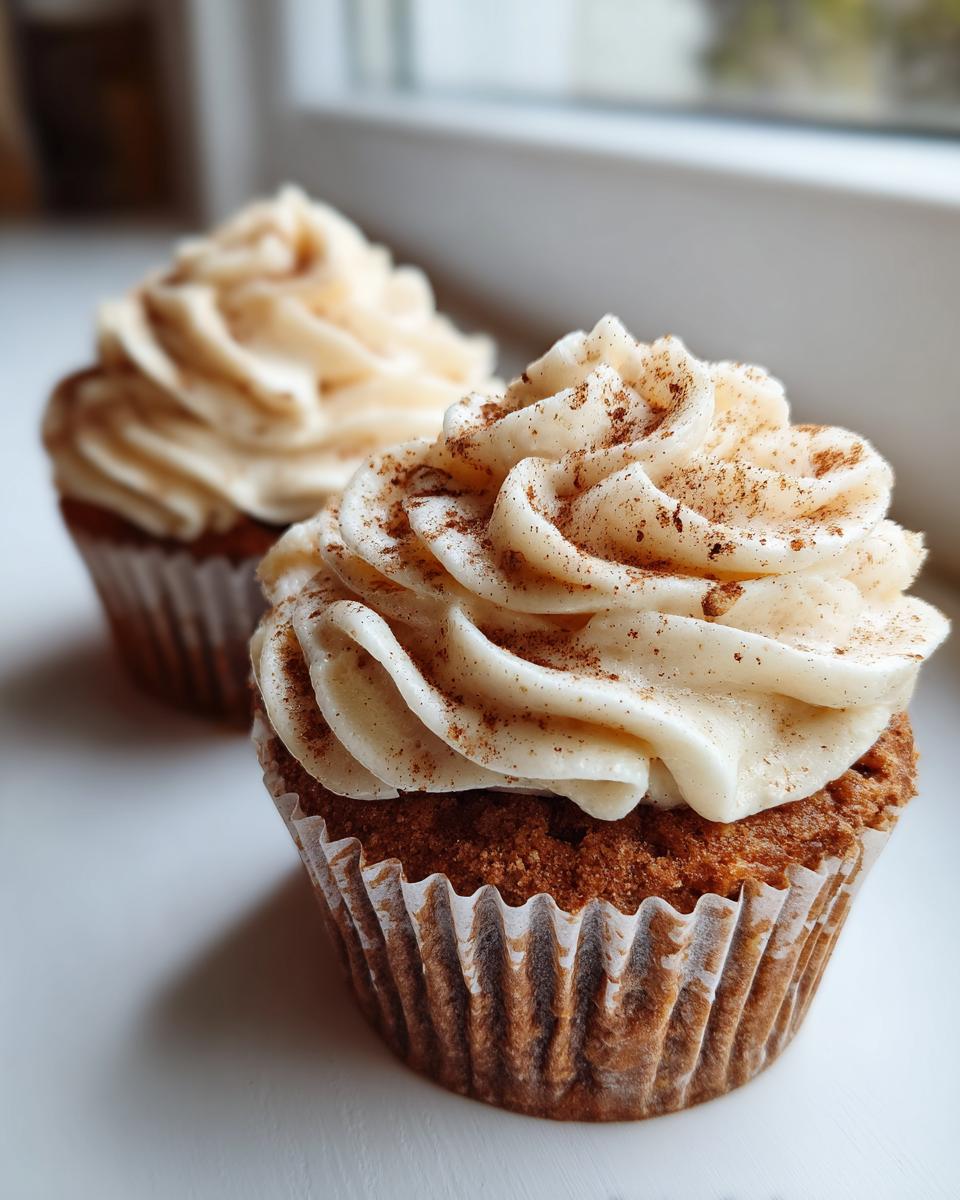 Two fluffy banana cupcakes with a swirl of cream-colored frosting dusted with cinnamon.